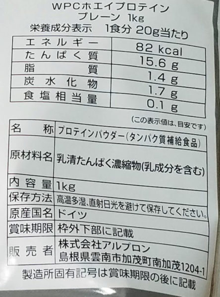 アルプロンの成分表